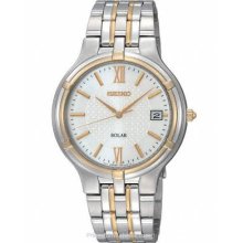 Seiko Solar Two-Tone Mens Date Watch - Silver/White Dial - Date SNE066