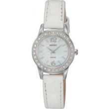 Seiko SUP133 Womens Stainless Steel Case Solar Quartz Mother of Pearl Dial Swarovski Crystals Leather Strap