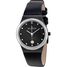 Skagen Black Dial Stainless Steel Black Leather Ladies Watch 880LBLBS