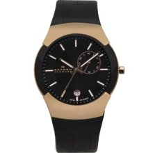 Skagen Black Label Men's Executive Goldtone Dual Time Watch - Black Leather Strap - Black Dial - 983XLRLDB