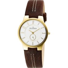 Skagen Denmark 433LGL1 Brown Leather Gold-tone Case Men's Watch