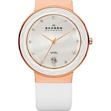 Skagen Denmark Women's White Leather Strap Watch with Faceted Glass