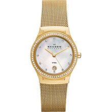 Skagen Ladies Gold Tone Stainless Steel Case Mesh Bracelet Mother of Pearl Dial Date Display SKW2040