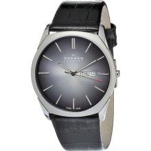 Skagen Mens Analog Stainless Watch - Black Leather Strap - Gray Dial - 890XLSLM