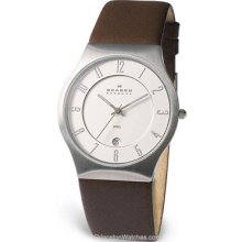 Skagen Mens Leather Strap Watch Brown Strap Silver/White 233XXLSL