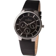 Skagen Men's Stainless Multifunction Watch - Black Leather Strap - Black Dial - 331XLSLB