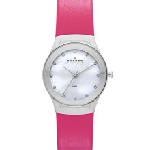 Skagen Round Leather Strap Watch Pink