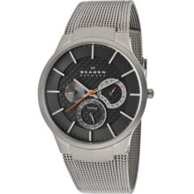 Skagen Watches Men's Black Textured Dial Silver Tone Mesh Titanium Sil