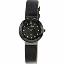 Skagen Women's 456sblb Black Leather Ultra Thin Watch With Mother-of-pearl Dial