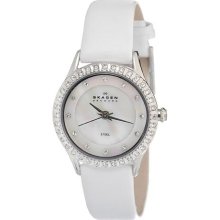 Skagen Womens Crystal Analog Stainless Watch - White Leather Strap - White Dial - 347XSSLW