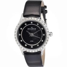 Skagen Womens Crystal Analog Stainless Watch - Black Leather Strap - Black Dial - 347XSSLB