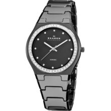 Skagen Women's Quartz Diamond Bezel Black Ceramic Bracelet Watch 813LXBC