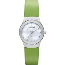 Skagen Womens Studio Brights Crystal Analog Stainless Watch - Green Leather Strap - Pearl Dial - SKW2019