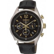 Stainless Steel Case Leather Strap Chronograph Black Dial Date Display