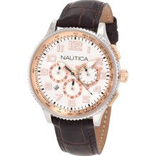 Stainless Steel Case White And Rose Gold Dial Chronograph Leather Brac