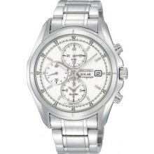 Stainless Steel Solar Quartz Alarm Chronograph Silver Tone Dial