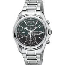 Stainless Steel Solar Quartz Alarm Chronograph Black Dial