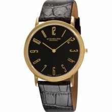 Stuhrling Original 216A.33351 Midsize Round Slim Watch Goldtone Case with Black Dial and Goldtone Numerals on Black Leather Strap