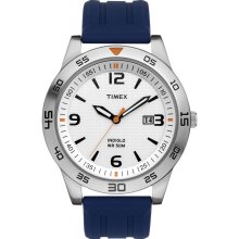 TIMEX Mens Analog New Round Quartz Watch Blue Rubber Band White Indiglo Dial