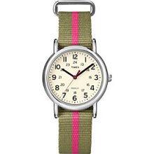 Timex Women's Weekender Mid-Size Olive/Pink Slip-Through Strap Women's
