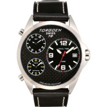 Torgoen Swiss T08101 Men's 45.5Mm Aviation Watch With Triple Time Zone, Carbon Fibre Dial And Black Italian Leather Strap