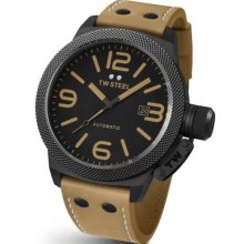 Tw Steel Canteen Unisex Automatic Watch With Black Dial Analogue Display And Beige Leather Strap Twa202