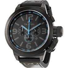 TW Steel Men's Stainless Steel Case Chronograph Black Dial Light Blue Hands Leather Strap Date Display TW905