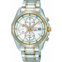 Two Tone Stainless Steel Solar Quartz Alarm Chronograph White Dial