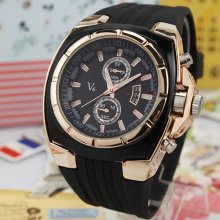 V6 Fashion Rose Golden Case Deco Quartz Oversized Watch Mens Unisex Sports Style