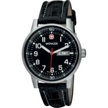 Wenger Men's Swiss Made Commando Day-Date XL Black Leather Strap Watch