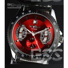 Winner Calibre 17rs Red Leather Bands Stainless Steel Automatic Mens