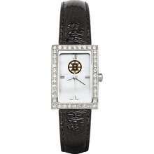 Womens Boston Bruins Watch with Black Leather Strap and CZ Accents