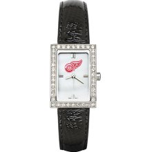 Womens Detroit Red Wings Watch with Black Leather Strap and CZ Accents