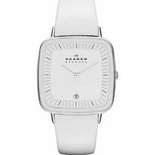 Women's Square Stainless Steel Case White Leather Bracelet White Tone