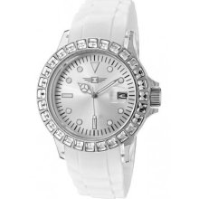 Women's Stainless Steel Case White Polyurethane Strap Silver Dial Magnified Date