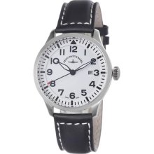 Zeno Mens Navigator White Dial Black Leather Strap Quartz Watch 6569-515q-a2