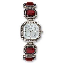 1928 Ladies Silver Tone Antiqued Red Crystal Band Watch