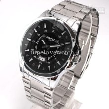1x Black Dial Men Quartz Watch Numbers Date Stainless Steel Band Cas