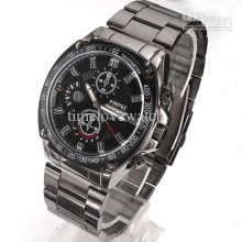 1x Small Dial-deocr Date Day Men Quartz Sport Black Stainless Steel