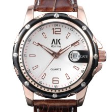 Ak-homme Mens Brown Leather White Dial Day Date Classic Style Wrist Watch Ak231