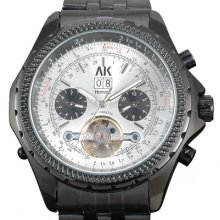Ak-homme White Dial Black Band Day&date&month Display Mens Mechanical Watch