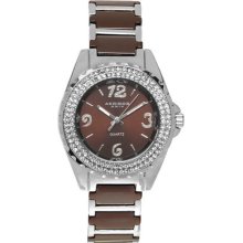 Akribos Ladies Crystal Mocha Brown Ceramic Silver Tone Quartz Watch