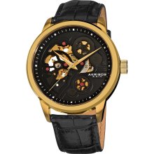 Akribos XXIV Men's Mechanical Skeleton Leather Strap Watch (Gold-tone)