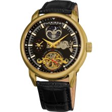 Akribos XXIV Men's Mechanical Dual Time Open Heart Leather Strap Watch (Gold-tone)