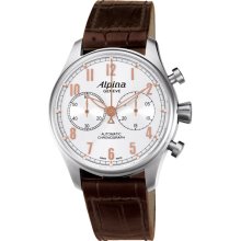 Alpina Men's 'Aviation' Silver Dial Brown Strap Chronograph Watch
