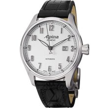 Alpina Mens Aviation Silver Dial Black Leather Strap Watch Al-525sc4s6