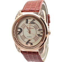 Band Women's Leather Analog Quartz Wrist Watch With Rolling Beads Ornamentation(Red)