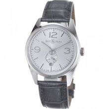 Bell and Ross Vintage Officer Silver Dial Grey Alligator Strap Automatic Mens Watch BR123-OFFICER-SIL