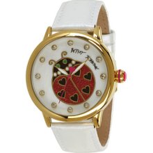 Betsey Johnson Goldtone Lady Bug Graphic Dial and White Leather Strap