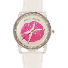 Betsey Johnson Watch Bj00108-01 White Croc Leather Marilyn Pink Lips Mirror Dial